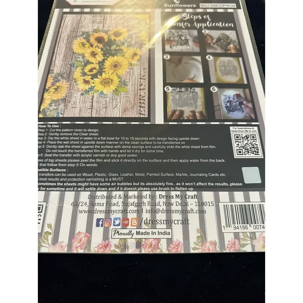 New Sealed Dress My Craft Transfer Me Sunflowers Floral Dip In Water Wood Script